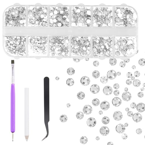 Mardatt 2606Pcs Transparent White Rhinestones, 2mm 3mm 4mm 5mm Flat Back Gems Rhinestones with Tweezers Dotting Tools for Clothes Shoes von Mardatt