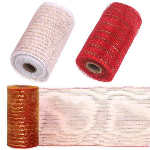 Mardatt 3 Rollen Mesh Ribbon Decor, 6 Zoll x 30 Fuß jede Rolle, Licht Rot Grün Weiß Gold Mesh Ribbon Metallic Folie Mesh Rollen für Dekorationen Wrapping Handwerk von Mardatt