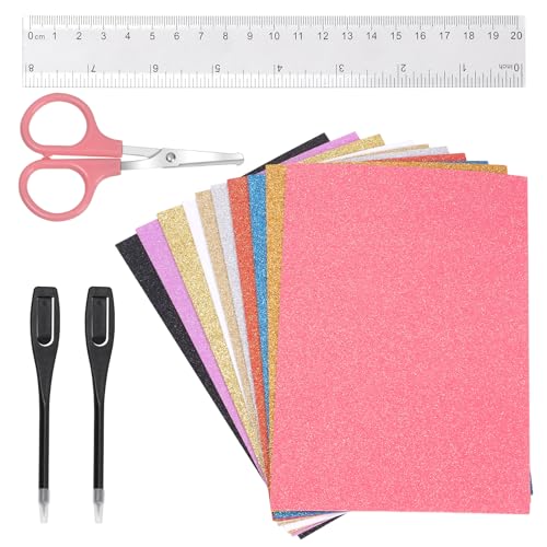 Mardatt 34 Stück Glitter Foam Sheets, A4 Glitter EVA Foam, selbstklebende Glitter Foam Paper Sheets Sparkles, bunt schimmerndes Papier Set mit Lineal, Stiften und Schere für Kunst von Mardatt