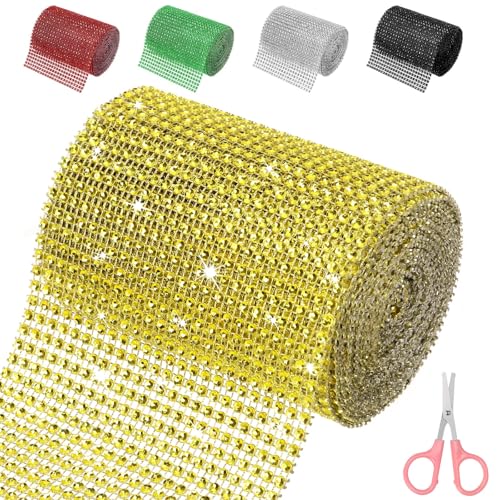 Mardatt 4,7 Zoll x 4,5 Yards Gold Strass Mesh Ribbon, 24 Reihen funkelnde Bling Strass Mesh Strass Band Rolle Strass Diamant Mesh Wrap Ribbon für Handwerk, Hochzeit, Party Dekorationen von Mardatt