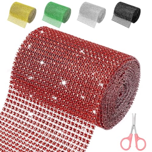 Mardatt 4,7 Zoll x 4,5 Yards rot Strass Mesh Ribbon, 24 Reihen Sparkling Bling Strass Mesh Strass Band Rolle Strass Diamant Mesh Wrap Band für Handwerk, Hochzeit, Party Dekorationen von Mardatt