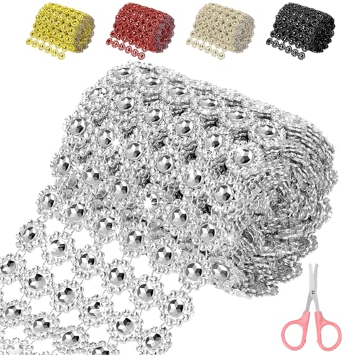 Mardatt 4 Zoll x 3 Yards Silber Blume Strass Band, 6 Reihen Sparkling Bling Strass Mesh Strass Band Rolle Strass Diamant Mesh Wrap Band für Handwerk, Hochzeit, Party Dekorationen von Mardatt