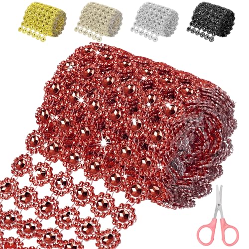 Mardatt 4 Zoll x 3 Yards rote Blume Strass Band, 6 Reihen Sparkling Bling Strass Mesh Strass Band Rolle Strass Diamant Mesh Wrap Band für Handwerk, Hochzeit, Party Dekorationen von Mardatt