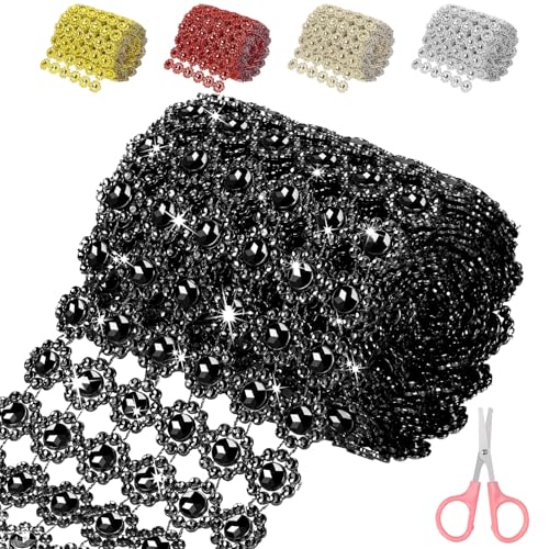 Mardatt 4 Zoll x 3 Yards schwarz Blume Strass Band, 6 Reihen Sparkling Bling Strass Mesh Strass Band Rolle Strass Diamant Mesh Wrap Band für Handwerk, Hochzeit, Party Dekorationen von Mardatt