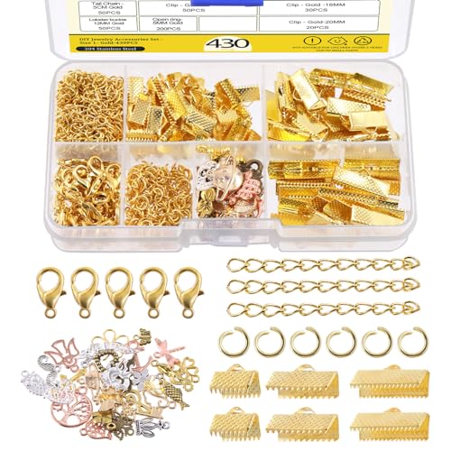 Mardatt 430-teiliges Gold-Schmuckherstellungs-Set enthält Karabinerverschlüsse, Bandenden, offene Binderinge, Kettenverlängerungen und Charm-Anhänger für selbstgemachte Halsketten, Ohrringe von Mardatt