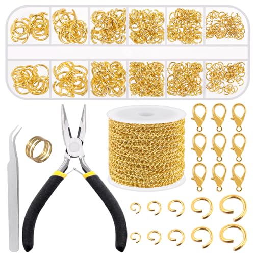 Mardatt 504 Stück Gold Schmuck machen Ketten Kit, 10 Yards Halskette Ketten Schmuck Ketten mit 400Pcs Open Jump Rings, 100Pcs Lobster Clasps, Zangen für Schmuck machen von Mardatt