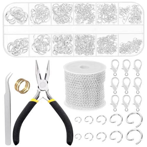 Mardatt 504 Stück Silber Schmuck machen Ketten Kit, 10 Yards Halskette Ketten Schmuck Ketten mit 400Pcs Open Jump Ringe, 100Pcs Lobster Clasps, Zangen von Mardatt