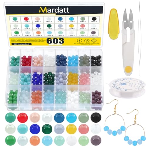 Mardatt 603Pcs 24 Colors Glass Beads with Elastic String, Beading Needles and Scissors, 8mm Glass Round Beads Craft Loose Beads Crystal Spacers for Beading Earring Jewelry Making von Mardatt