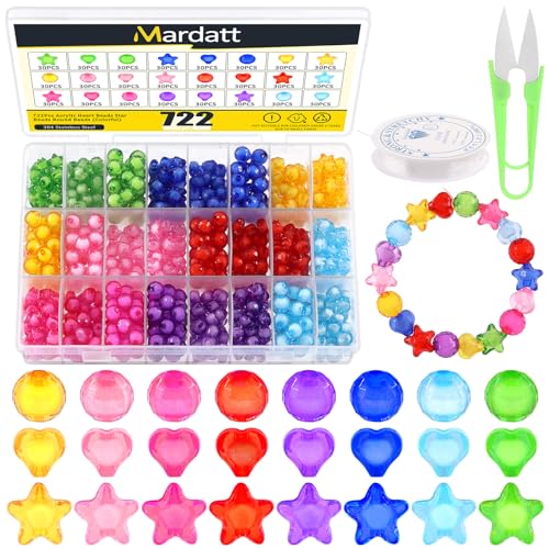 Mardatt 722Pcs 3 Styles 8 Colors Heart Star Round Beads Set with String and Scissors, Cute Loose Beads Bulk Assorted Plastic Pastel Beads for Hair Braiding, DIY Earring Bracelet(Colorful) von Mardatt