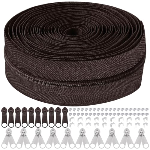 Mardatt 81Pcs Reißverschluss Reparatur Kit, 10 Yards #5 Nylon Reißverschluss Band mit 10Pcs Reißverschluss Slider, 10Pcs Doppel Reißverschluss Slider, 60Pcs Unterseite Top Stops (braun) von Mardatt