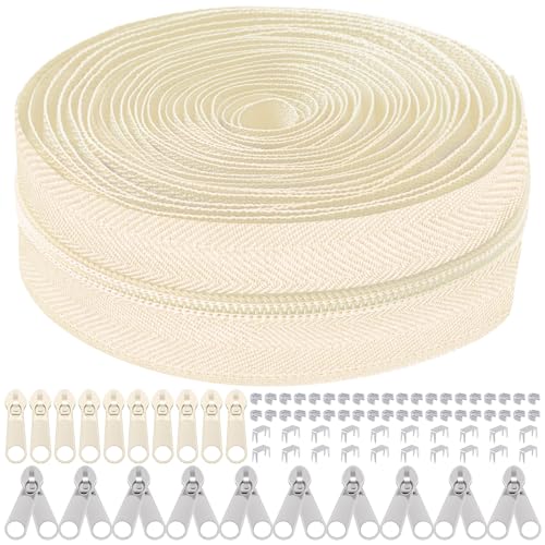 Mardatt 81Pcs Reißverschluss Reparatur Kit, 10 Yards #5 Nylon Reißverschluss Band mit 10Pcs Reißverschluss Slider, 10Pcs doppelter Reißverschluss Slider, 60Pcs Unterseite Top Stopper (Beige) von Mardatt