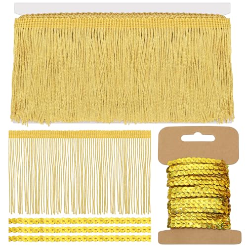 Mardatt Gold Fransen mit Pailletten Trim Kit, 4 Zoll x 5 Yards Nähen Fransen Trim Quasten Trim für Kleidung Vorhang Sofa DIY Lampenschirm Dekoration von Mardatt