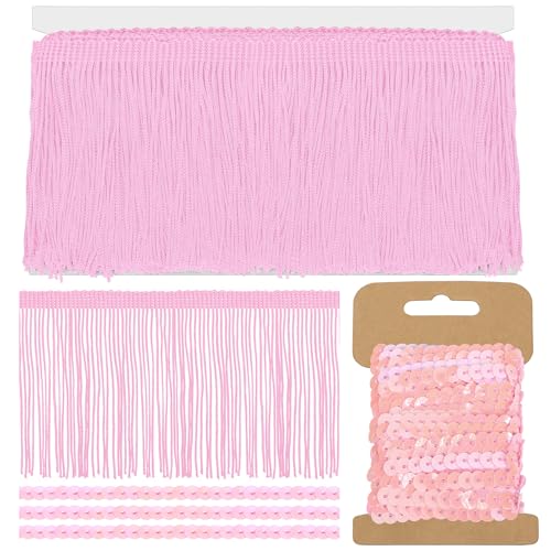 Mardatt Rosa Fransen mit Pailletten Trim Kit, 4 Zoll x 5 Yards Nähen Fransen Trim Quasten Trim für Kleidung Vorhang Sofa DIY Lampenschirm Dekoration von Mardatt