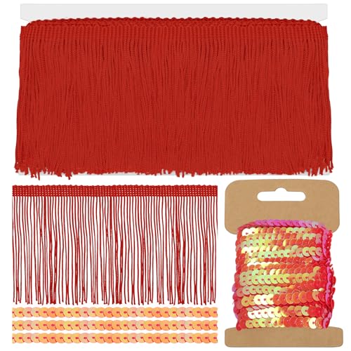 Mardatt Rote Fransen mit Pailletten Trim Kit, 4 Zoll x 5 Yards Nähen Fransen Trim Quasten Trim für Kleidung Vorhang Sofa DIY Lampenschirm Dekoration von Mardatt