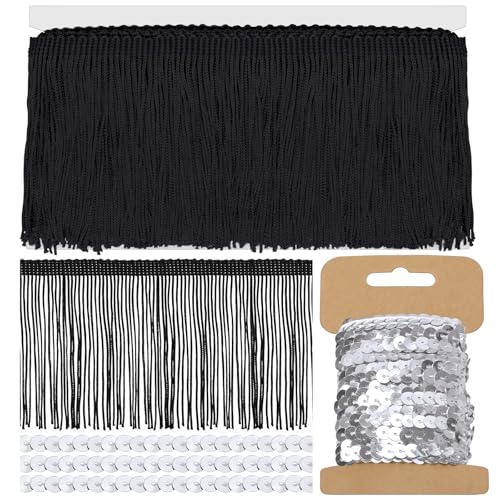 Mardatt Schwarz Fransen mit Silber Pailletten Trim, 4 Zoll x 5 Yards Nähen Fransen Trim Quasten Trim für Kleidung Vorhang Sofa DIY Lampenschirm Dekoration von Mardatt