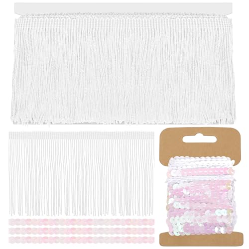 Mardatt weiße Fransen mit Pailletten Trim Kit, 4 Zoll x 5 Yards Nähen Fransen Trim Quasten Trim für Kleidung Vorhang Sofa DIY Lampenschirm Dekoration von Mardatt