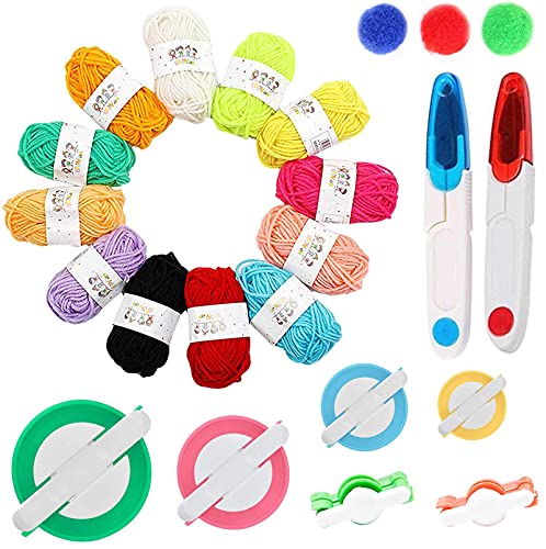 20 Pack Pom Pom Making Tool Set, 6 Verschiedene Größen Pompon Maker mit 12 Farben Garn, DIY Flaum Bälle Stricken Handwerk Making Kit mit Nähschere für Kinder und Erwachsene 12 von Maridergo