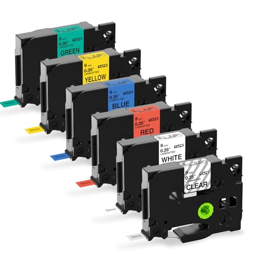 6x MarkField Kompatible Schriftband als Ersatz für Brother P-Touch TZe Bunt Bänder 9mm x 8m Etikettenband für PT-H105 H110 H107B H100LB 900 P300BT Cube D400 D210 E110,TZ-121 221 421 521 621 721 von MarkField