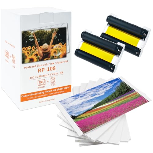 Kompatibel mit Canon Selphy CP1500 Papier und Patrone, RP-108 RP-108IN Farbband/Papierset 10x15cm, für Selphy CP1500 CP1300 CP1200 CP1000 CP910 CP820, 108 Fotopapier + 2 Kartusche, 4" x 6" von MarkField