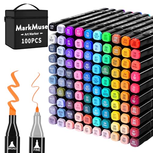 MarkMuse 100+2 Alkohol Stifte Set, Meißel & Feine Verdoppelt Marker Stifte Filzstifte, 2 Sekunde Schnell Trocknende Alkohol Marker mit Anti-Seepage Abstandshaltern für Malerei, Design, Manga von MarkMuse