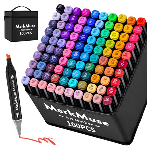 MarkMuse 100+2 Marker Stifte Set, Meißel & Feine Doppelspitze Alkohol Marker, 2 Sekunde Schnell Trocknende Art Filzstifte mit Anti-Seepage Abstandshaltern für Malerei, Design, Manga, Skizzieren von MarkMuse