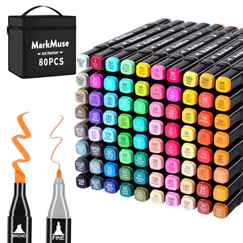 MarkMuse 80+2 Alkohol Stifte Set, Meißel & Feine Verdoppelt Marker Stifte Filzstifte, 2 Sekunde Schnell Trocknende Alkohol Marker mit Anti-Seepage Abstandshaltern für Malerei, Design, Manga von MarkMuse