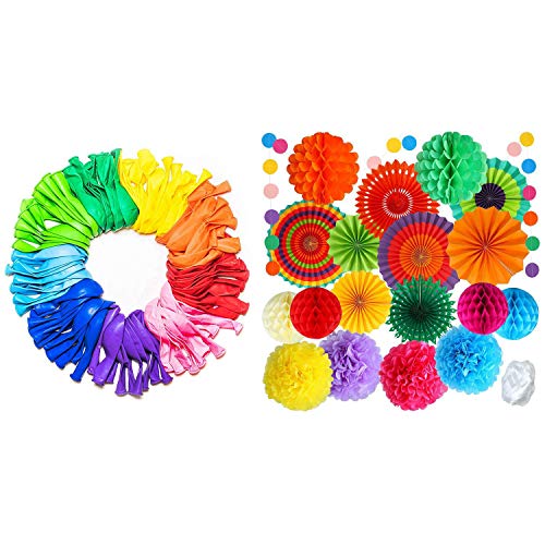 Marran 1 Set Partyballons 12 Regenbogen Set Zubehör & 1 Set Papierfächer Papierblumenball Wabenbälle Set von Marran