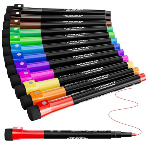 Marsrock Whiteboard-Marker mit feiner Spitze, 12 Stück, bunt, geruchsarm, magnetische Whiteboard-Marker mit Radiergummi, 6 Magnete, 10 Reißzwecken und einem Whiteboard-Radierer für Kinder, von Marsrock