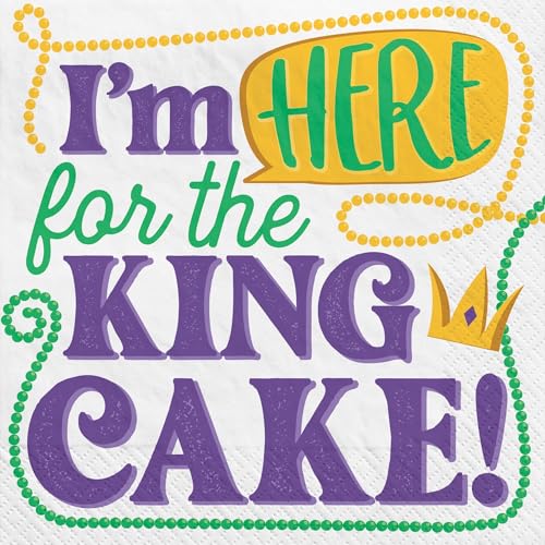 Mardi Gras Party-Servietten, 80 Stück (2 Packungen mit 40 Stück), 2-lagige Getränke-Servietten im King-Kuchen-Design: "I'm Here for the King Cake", festliche grüne, gelbe und violette Papierservietten von Martha's Goat