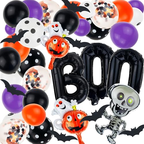 HALLOWEEN DEKORATION SET GIRLANDE LATEX FOLIENBALLONS SKELETT SCHRIFTZUG, Halloween Luftballons Set, Orange Lila Schwarz Latex Long Ballon mit BOO Geist Kürbis Folienballon Konfetti Ballon von Martom