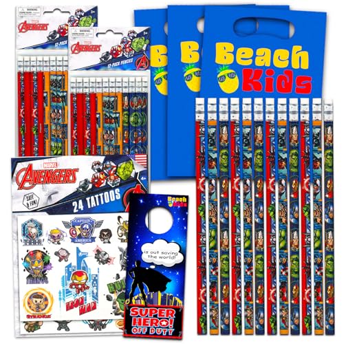 Marvel Avengers Partygeschenke für Kinder 8–12 Jahre – Paket mit 24 Avengers Bleistiften, Geschenktüten, Tattoos und mehr Avengers Partyzubehör-Set von Marvel