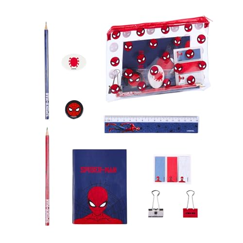 Marvel Spiderman Briefpapier-Set, Einschließlich Bleistifte, Lineal, A6-Notizbuch, Radiergummi, Anspitzer, Haftnotizen, Clips, Federmäppchen, Schulset Jungen von Marvel