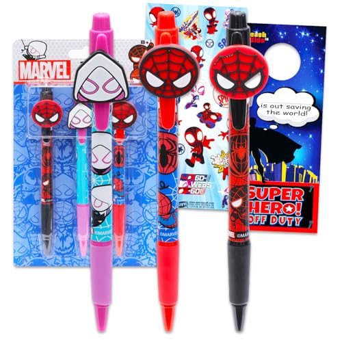 Spidey and Friends Stifte für Kinder – 3-teiliges Spidey-Kugelschreiber-Set mit Spidey-Schreibset mit Miles Morales, Gwen Stacy und Peter Parker Plus Aufklebern, Türaufhänger von Marvel