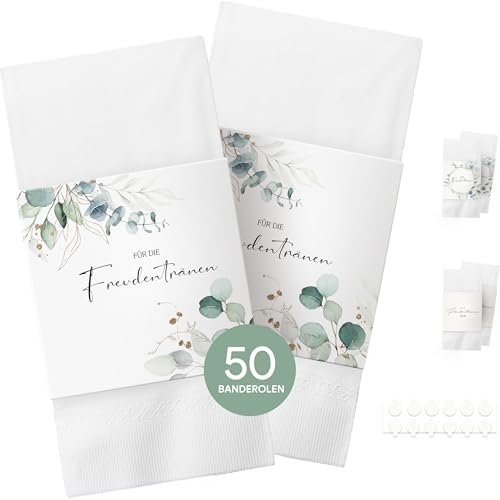 50x Freudentränen Taschentücher Banderole, Banderolen als Deko für Gäste-Taschentücher, Taschentücher Hochzeit Freudentränen, inkl. Klebepunkte zum verschließen (Taschentücher nicht enthalten) von Marvelights