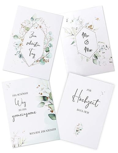 Marvelights Hochzeitskarte 4er Set Eukalyptus, Glückwunschkarte Hochzeit, Grußkarten Hochzeit, Klappkarten Hochzeitskarten A6 mit Umschläge von Marvelights