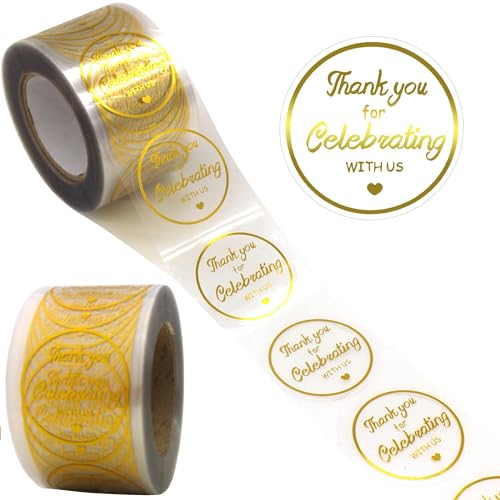 Masper 500 Aufkleber "Thank You for Celebrating with Us", 3,8 cm Rolle, transparentes Gold-Design von Masper