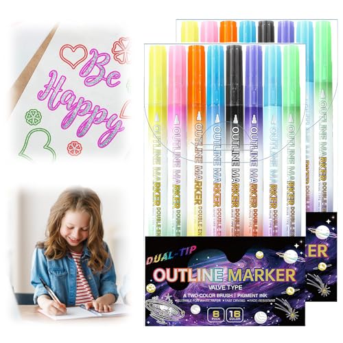 Dual-Line Highlighter, Metallic Marker Stifte Metallischen Marker, 16 Farben Outline Stift, Double Line Outline Pen Glitzer Zweizeiliger Stift Wasserfester Stift Schnelltrocknend (2 set) von Matame