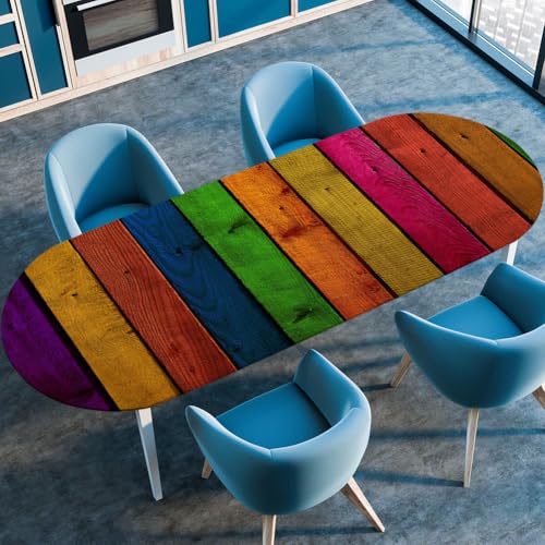 Mateju Oval Fitted Tischdecke, Holzmaserung Wasserdicht Lotuseffekt Gartentischdecke Abwaschbar Outdoor Wischbare Gummiband Elastisch Tischdecken (Regenbogen,107x173cm) von Mateju