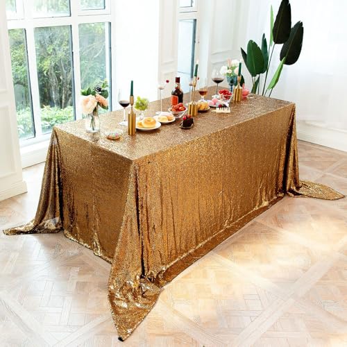 Mateju Tischrock Stehtisch Husse Rechteckige/Quadrat, Glitzer Tischdecke für Partei, Feiern Veranstaltungen Hochzeit Dekoration Party für Bankett Hochzeit Geburtstag (153x260cm,Helles Gold) von Mateju