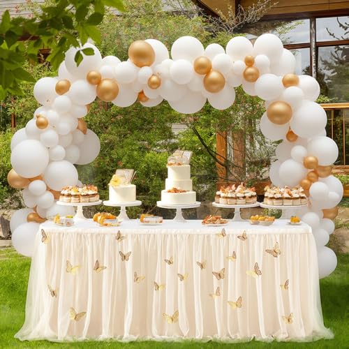 Mateju Tüll Tischrock Tischdekoration Hochzeit 3D Schmetterling Tischrock Waschbare, Feiern Veranstaltungen Hochzeit Dekoration Party für Bankett Hochzeit Geburtstag (14FT/427x77cm,Beige) von Mateju