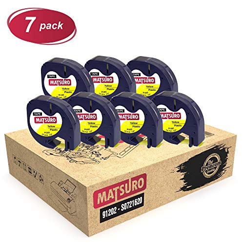 Matsuro Original | Kompatibel Kunststoff-Etiketten Schriftband Ersatz für DYMO LetraTag 91202 91222 S0721670 S0721620 Schwarz auf Gelb (12 mm x 4 m | 7-er PACK) von Matsuro