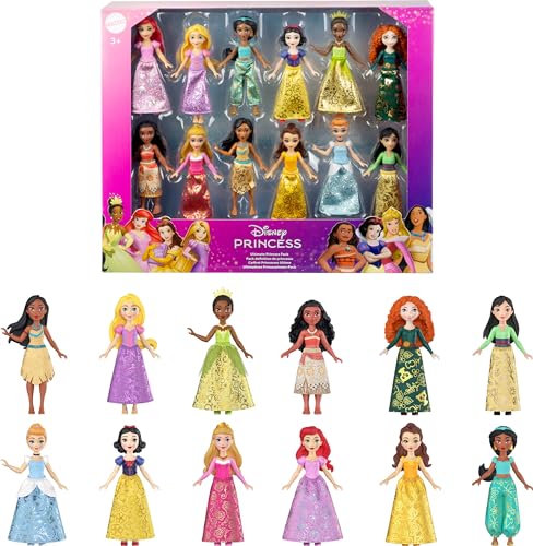 Mattel Disney Princess Toys, 12 bewegliche Prinzessin kleine Puppen mit funkelnder Kleidung, inspiriert von Disney-Filmen, Geschenke für Kinder von Mattel