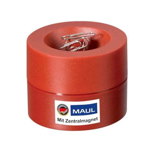 Maul Klammernspender MAULpro | Ø7,3x6cm | Schreibtisch Organizer für Büroklammern | Schreibtisch Zubehör mit Magnet für Büro | Inklusive 15 Klammern | Stilvoller Büroklammernspender | Rot von Maul