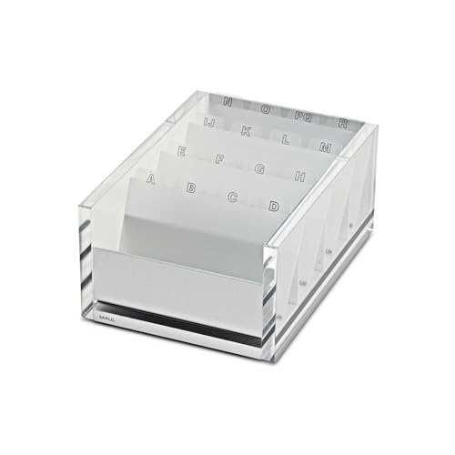 MAUL Visitenkartenbox MAULacro 17x12,2x7,5cm | Karteikarten Box mit Register A-Z | Box aus Acryl und Aluminium | Schonende Noppen für Schreibtisch | Platz für max. 300 Karten | Transparent von Maul