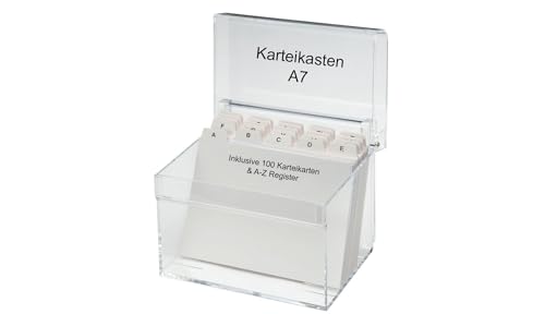 MAUL Karteikasten A7 aus Acryl | Kartenbox inkl. 100 Karteikarten und A-Z Register | Elegante Karteikartenbox zum Vokabeln lernen | Visitenkartenbox für Schreibtisch | Transparent von Maul