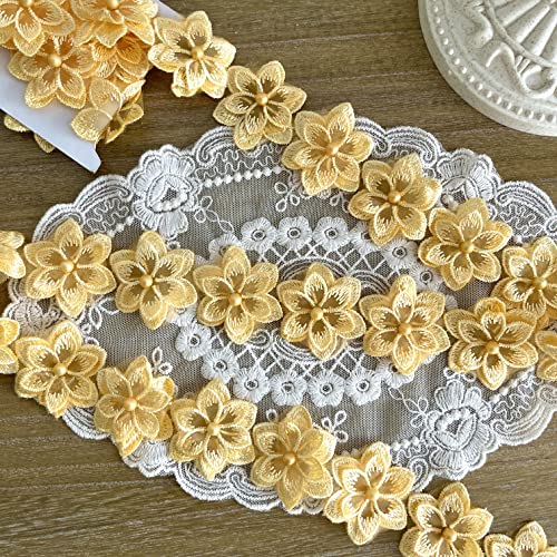 Zarte gelbe 3D Blumen,Spitzenbesatz, exquisite bestickte Applikation für DIY Nähen Handwerk, Hochzeits-Brautkleid-Verzierung (2yards, Breite 40 mm) von Mausouca