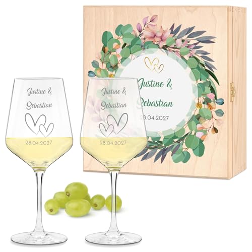 Maverton 2er Weingläser Set mit Gravur in Holzkiste - 490 ml Wein Gläser Set mit Namen und Datum - Hochzeitsgeschenk - personalisierte Geschenke für Paar zur Hochzeit zum Hochzeitstag von Maverton