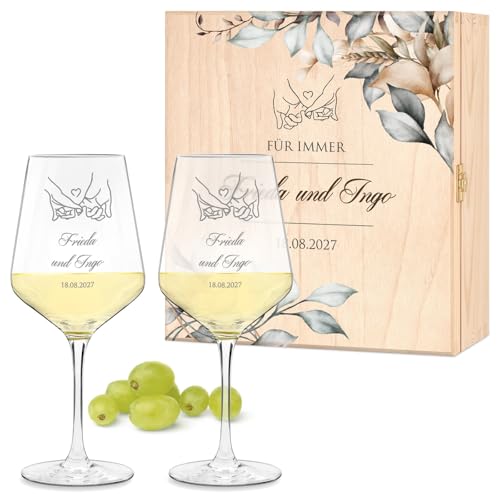 Maverton 2er Weingläser Set mit Gravur in Holzkiste - 490 ml Wein Gläser Set mit Namen und Datum - Hochzeitsgeschenk - personalisierte Geschenke für Paar zur Hochzeit zum Hochzeitstag von Maverton