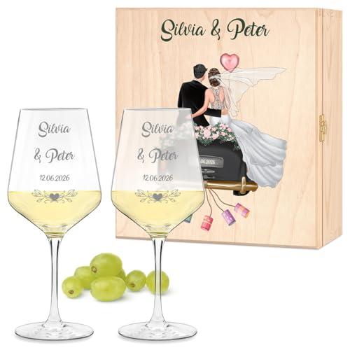 Maverton 2er Weingläser Set mit Gravur in Holzkiste - 490 ml Wein Gläser Set mit Namen und Datum - Hochzeitsgeschenk - personalisierte Geschenke für Paar zur Hochzeit zum Hochzeitstag von Maverton