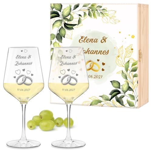 Maverton 2er Weingläser Set mit Gravur in Holzkiste - 490 ml Wein Gläser Set mit Namen und Datum - Hochzeitsgeschenk - personalisierte Geschenke für Paar zur Hochzeit zum Hochzeitstag von Maverton